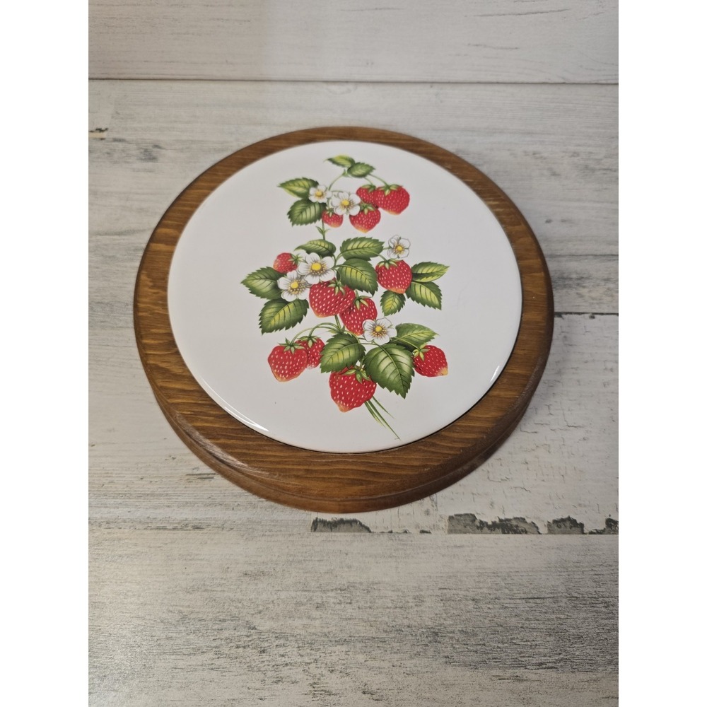 Vintage Round Strawberry Ceramic Tile Wood Trivet Brown Red Farmhouse Kitchen